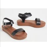 Torrid Shoes | Black Faux Leather Ankle Strap Faux Wood Flat Form Sandal Torrid Size 9. | Color: Black/Tan | Size: 9