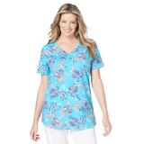 Plus Size Women's Short-Sleeve V-Neck Shirred Tee by Woman Within in Pretty Turquoise Painterly Paisley (Size M)