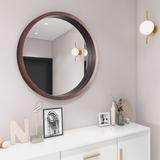 Everly Quinn Circle Mirror w/ Wood Frame, Round Modern Decoration Large Mirror For Bathroom Living Room Bedroom Entryway, Walnut, 24" in Brown