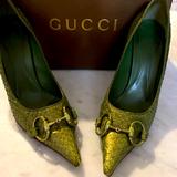 Gucci Shoes | Gucci Horsebit Pumps 9 Pointy Green Snakeskin Reptile Silver | Color: Green | Size: 7