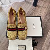 Gucci Shoes | Nib Gucci Gg Logo Peyton Glitter Mid Heel Loafer Pump | Color: Gold/Red | Size: 7