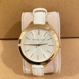 Michael Kors Accessories | Michael Kors Slim Runway White Dial White Leather Ladies Watch Mk2273 Gold Tone | Color: White | Size: Os