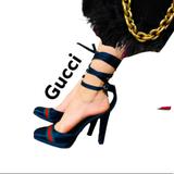 Gucci Shoes | Gucci Heels Platform Sandals Pumps Lace Up Blue Web Authentic Italy Fashion | Color: Blue/Red | Size: 9.5