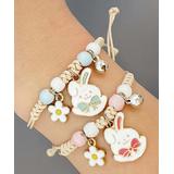 Wrapables Women's Bracelets - Blue & Pink Bunny Beaded Charm Adjustable Bracelet - Set of Two