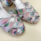 Anthropologie Shoes | Anthro Leifsdottir Womens Twee Style Bloom Pink Silk Printed Block Heel Sandals | Color: Green/Pink | Size: 8.5