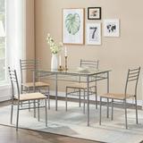 Vecelo Dining Set for 4 Rectangular Glass Top Table with 4 Chairs, Metal Frame Silver