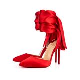 Red Dress Shoes Prom Heels Satin Pointed Toe Bow Lace Up High Heels