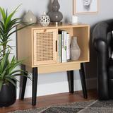 Bayou Breeze Dacre Mid-Century Modern Transitional Two-Tone Oak Brown & Black Finished Wood 1-Door Console Table w/ Natural Rattan Wood | Wayfair