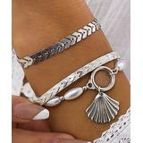 IngeSight.Z Women's Bracelets Silver - Imitation Pearl Beaded Seashell Charm Bracelet Set