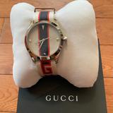 Gucci Accessories | Gucci G-Timeless 38 Mm With Beigebluered Nylon Strap Women | Color: Silver | Size: Os