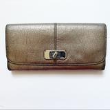 Coach Bags | Coach Silver Leather Turn Lock Trifold Wallet Long Pewter Gunmetal Clutch | Color: Gray/Silver | Size: Os