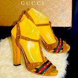 Gucci Shoes | Gucci Heels Sandals Shoes Pumps Studs Designer Peep Open Toe | Color: Gold/Tan | Size: 8