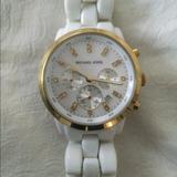 Michael Kors Accessories | Euc Michael Kors White Resin Watch With Gold Detail. | Color: White | Size: Os