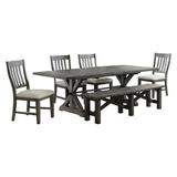 Sunset Trading Trestle 6 Piece Dining Set w/ Bench | 96" Rectangular Extendable Table | 4 Side Chairs | Distressed Gray Wood | Seats 8 Wood/Upholstered Chairs