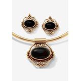 Women's Yellow Gold Plated Antiqued 2 Piece Set Pendant (37mm) Oval Shaped Natural Black Onyx by PalmBeach Jewelry in Yellow Gold