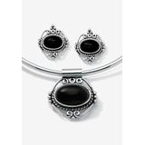 Women's Silver Tone Antiqued Pendant Oval Shaped Black Onyx with 16 inch Chain by PalmBeach Jewelry in Silver