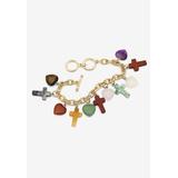 Women's Genuine Agate Gold Tone Cross and Heart Charm Bracelet plus 1/2" Extender by PalmBeach Jewelry in Gold