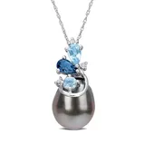 Belk & Co Women's Tahitian Cultured Pearl Blue Topaz and Diamond Accent Cluster Necklace in 14k White Gold