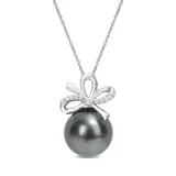 Belk & Co Women's Tahitian Cultured Pearl and Diamond Accent Bow Necklace in 14k White Gold
