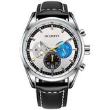 OCHSTIN Mens Chronograph Silver Stainless Steel Watch Waterproof White Dial Leather Quartz Watches