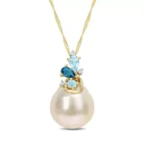 Belk & Co 9-10Mm South Sea Cultured Pearl Blue Topaz And Diamond Accent Cluster Necklace In 14K Yellow Gold