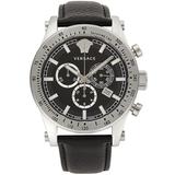 44mm Chrono Stainless Steel & Leather Strap Watch - Black - Versace Watches