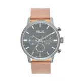 Relic by Fossil Men's Adrian Multifunction Black Metal & Cognac Leather Watch - ZR15997, Size: Large, Brown