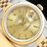 Rolex Mens Datejust 16233 Champagne Dial 18k Yellow Gold Stainless