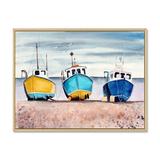 East Urban Home Three Colorful Fishing Boats on a Sandy Seashore - Print on Canvas Metal in Blue, Size 24.0 H x 32.0 W x 1.0 D in | Wayfair