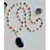 My Gems Rock! Women's Necklaces Pink - Black Obsidian & Mother-of-Pearl Beaded Pendant Necklace