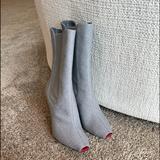 Burberry Shoes | Burberry Grey Canvas & Elastic Fabric Peep Toe Kenzie Ankle Size 37 Boots | Color: Gray | Size: 7