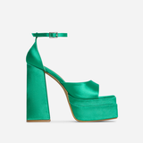 That-Extra Peep Toe Platform Block Heel In Green Satin, Women's Size UK 6