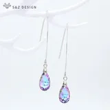 S&Z DESIGN New Korean Fashion White Gold Water Drop Crystal Dangle Earrings Simple Long Ear Hook For