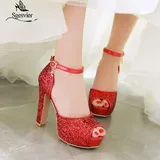 SGESVIER Women New Summer Sandals Sexy Bride Wedding Party Shoes Peep Toe Thick Heel Platform Red