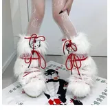 White plush strap long boots female 2022 winter new round head wild flat ribbon in the snow boots