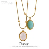 Yhpup Aquamarine Fog Crystal Pendant Necklace Stainless Steel Chain Bead Golden Collar Necklace