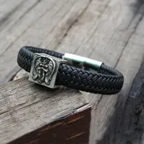 Punk men Black Braided Leather Cuff Stainless Steel Magnetic Clasp 100% Genuine Leather Bangles