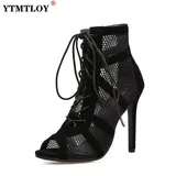 New Fashion show Black Net Fabric Cross strap Sexy high heel Sandals Woman shoes Pumps Lace-up Peep