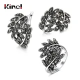 Kinel 2pcs Vintage Jewelry Sets Antique Silver Color Hollow Flower Crystal Stud Earring Rings for