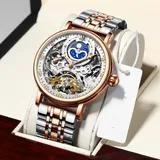 KINYUED Stainless Steel Strap Men's Watch Luxury Skeleton Automatic Mechanical Wristwatch Moon Phase