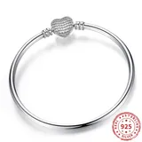 Real 925 sterling Silver Heart Shining Crystal Bangle Snake Chain Bracelet Fit charm Women Bracelet