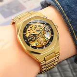 New Forsining Tourbillon Wrap Mens Skeleton Watch Stainless Steel Gold Watch Men Automatic