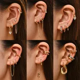 Punk Rock Helix Fake Cartilage Ear Cuff with Long Chain Circle Hoop Earrings Set for Women Tiny