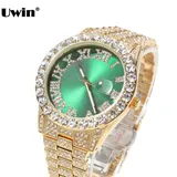 UWIN Green and Red Dial Watches Full Iced Out Men Stainless Steel Belt Fashion Luxury Rhinestones