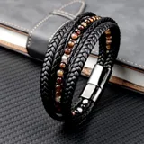 Brown Natural Stone Bracelet for Men Black Stainless Steel Genuine Leather Magnetic Clasp Bangle