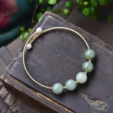 Natural Green Jades Stone Round Beads Bracelet Natural Pearl 14K Gold Filled Wire Bangle Winding