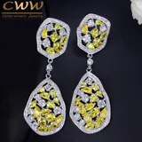 CWWZircons Irregular Design White Gold Color Long Drop Gorgeous CZ Crystal Yellow Stone Earrings for