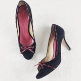 Kate Spade Shoes | Kate Spade Black Suede Peep Toe Pump With Pink Ribbon Detail. Euc. Italian | Color: Black/Pink | Size: 7