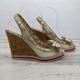 Coach Shoes | Coach Twirling Peep Toe Slingback Cork Heel Wedge Sandals Plaid Bow 7.5 | Color: Cream | Size: 7.5