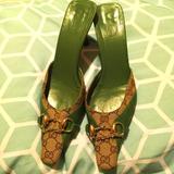 Gucci Shoes | Gucci Green Leather And Gg Canvas Horsebit Square Toes Mule. | Color: Brown/Green | Size: 8.5b